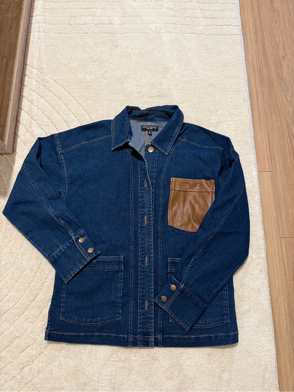 Central Park West Dark Blue Denim Jacket with Brown Pocket